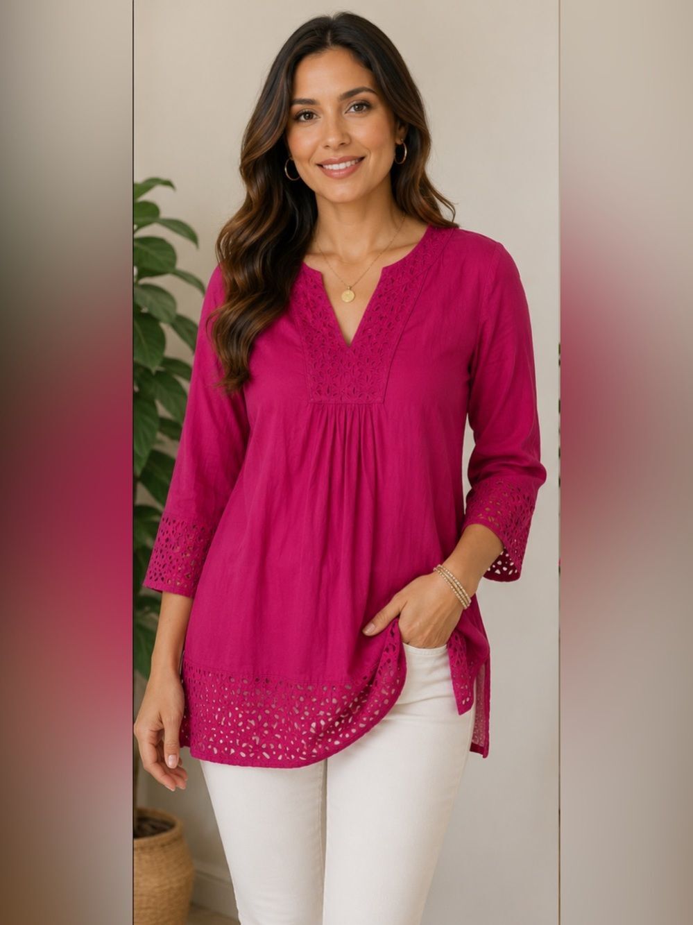 (J1)Krazy Kat fuchsia tunic-style blouse with openwork details,size L